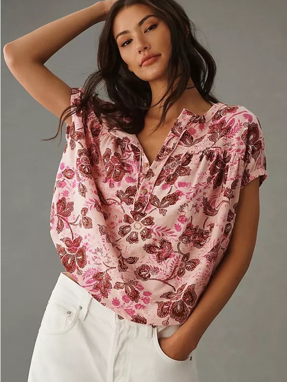 Pilcro Pink Floral Split-Neck Blouse